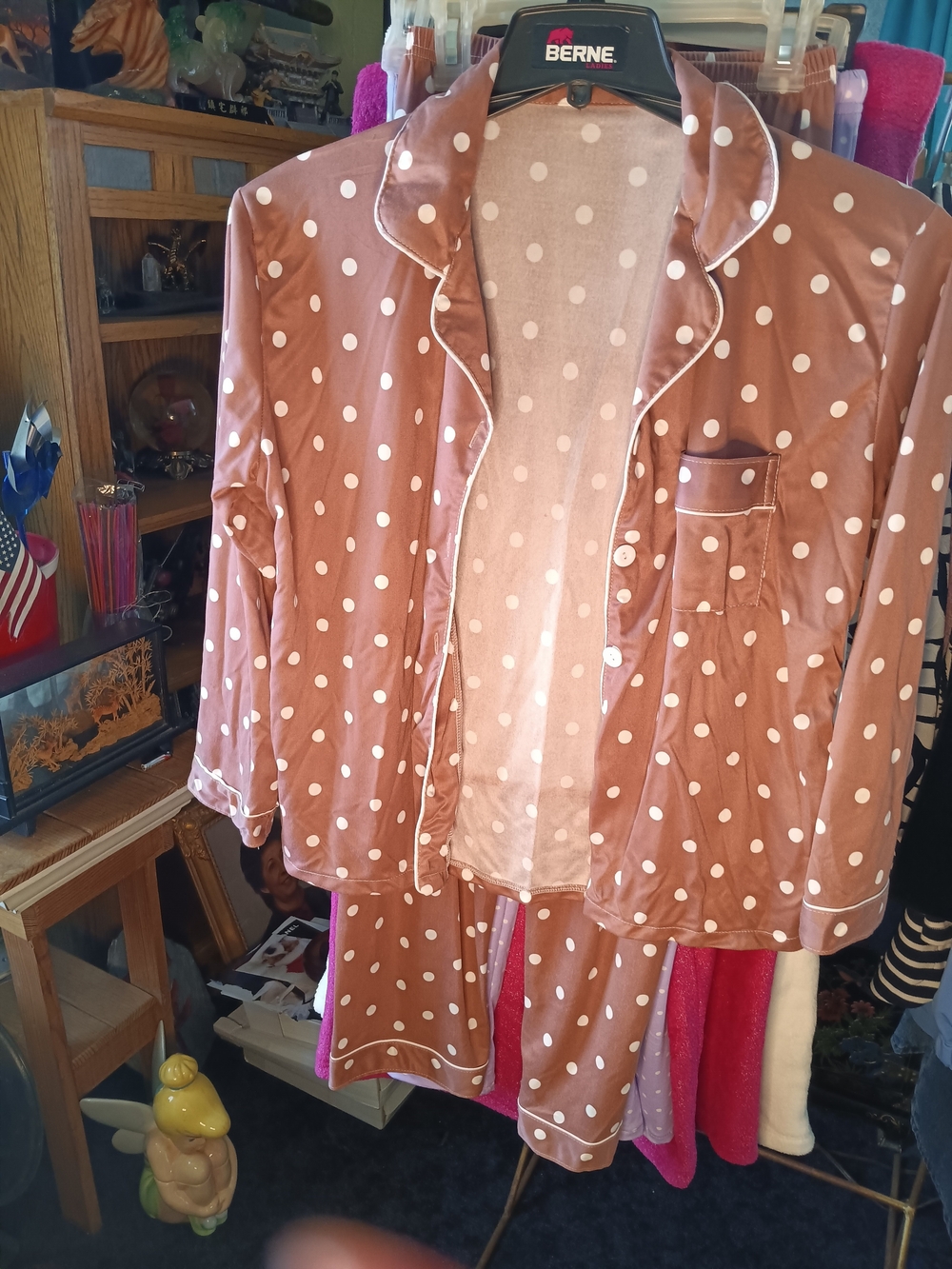 2 Piece Women’s Polka Dot Satin Pajama Set - Brown / White